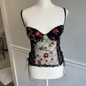 Women Size M Sheer Tank Mesh Roses Black Goth Whimsigoth Embroidered Lingerie